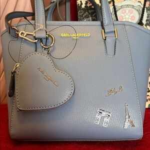 KARL LAGERFELD BLUE FOG HANDBAG CROSSBODY WITH HEART COIN PURSE ADJ STRAPS NWT